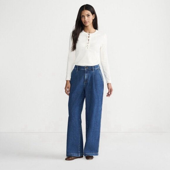 Land’s End Pleated Wide Leg Trouser Jeans (Sz Pet 12) High Rise Elevated Basic - Picture 1 of 10